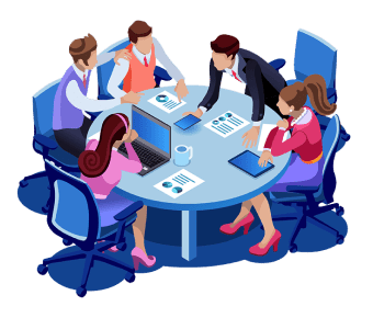 Illustration of a team meeting around a table with laptops and charts