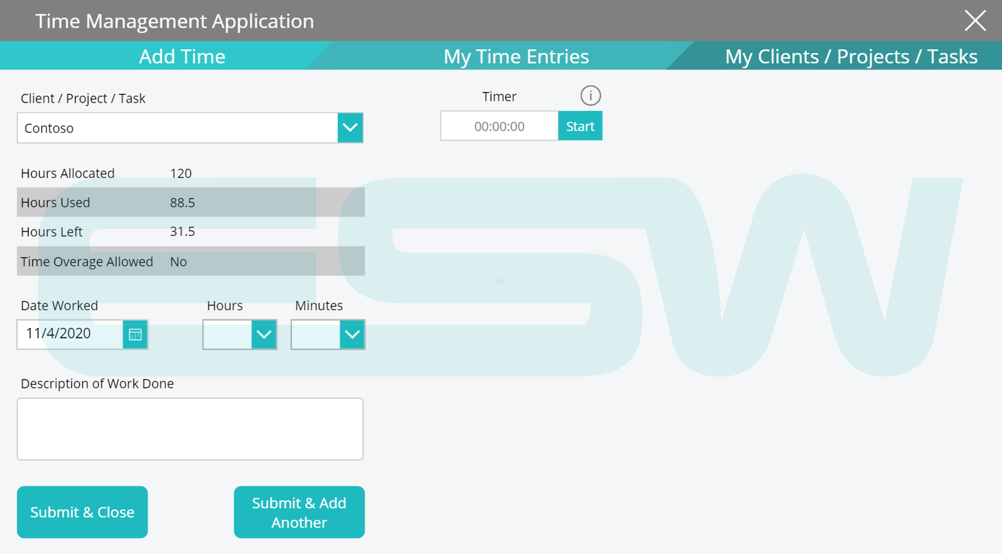 An example of a Tracking Time Entry Form in Microsoft Power Apps