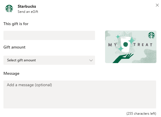 See the Gift Card Settings for Starbucks App in Microsoft Teams