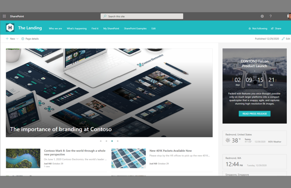 Example of a Pharmaceutical SharePoint Landing Page using Modern UI