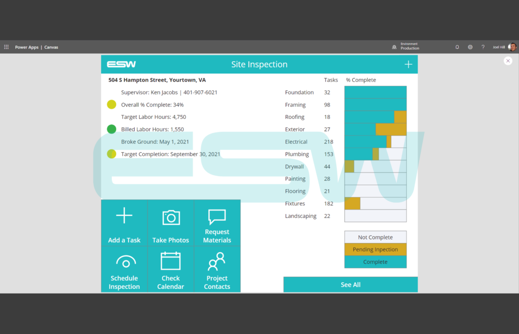 Example of a Construction Site Inspection Power App Dashboard