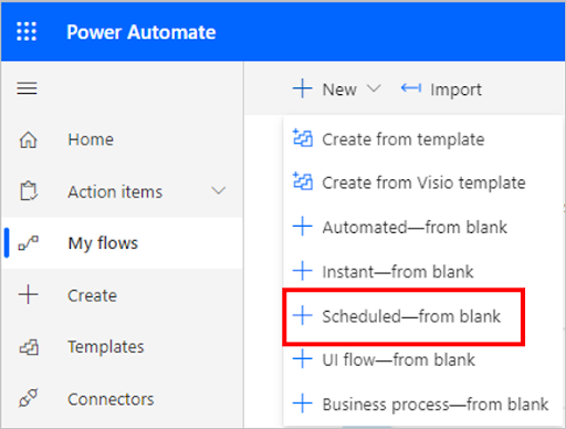 Power Automate - Select New and then Scheduled-from blank.