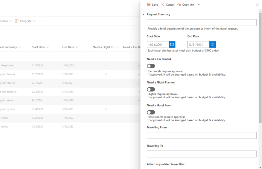Example of Adding a Finance Travel Request in SharePoint Online