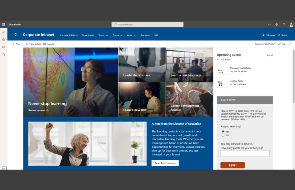 An example of a Corporate Intranet in SharePoint Online.