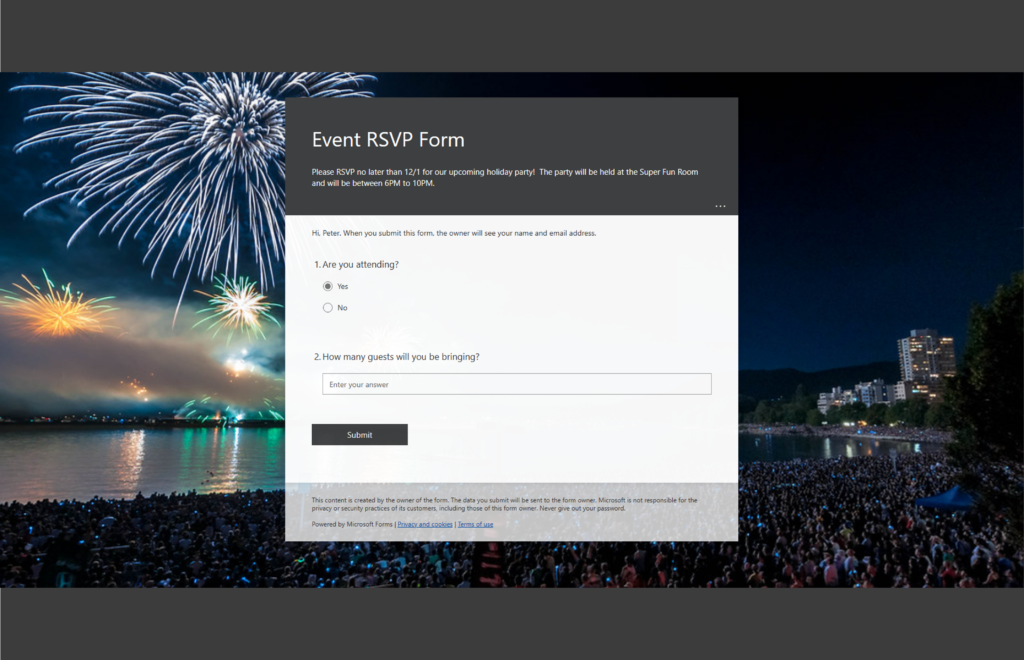 An example of a Event RSVP Form in MS Forms