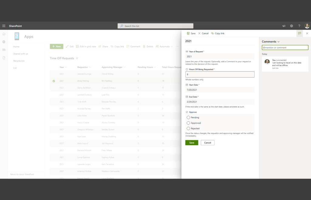 Example of a Manufacturing Time Off Request Form in SharePoint