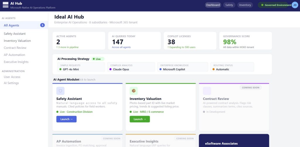 Copilot Studio AI agents dashboard for a construction and industrial group in Microsoft 365