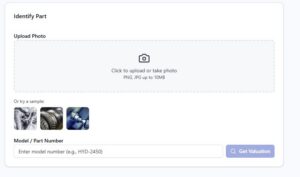UI panel to identify a part by uploading a photo, with a large upload area and sample part images below.