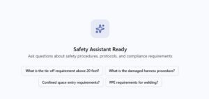 Safety Assistant Ready screen with a square icon, heading, subtitle, and five safety-question buttons about procedures and compliance.",