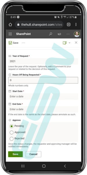 Manufacturing Time Off Request Form on a Phone in SharePoint Example of a Manufacturing Time Off Request Form on a Phone in SharePoint